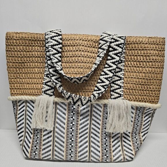 Bohemian Chic Straw Chevron Beach Bag Summer Shopper - Picture 1 of 8